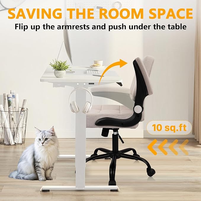 CLATINA Fabric Office Chair Ergonomic Cloth Linen Swivel Desk Chair with Back Support and Padded Flip up Armrests, Executive Rolling Computer Task Chairs for Work, Conference, Home, Study, Beige