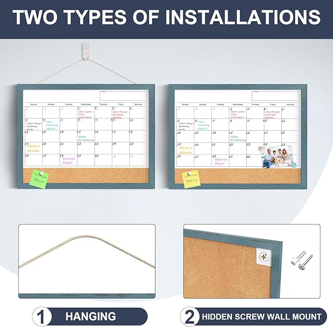 Whiteboard Calendar & Corkboard for Wall, 17x13 Inches Dry Erase Monthly Calendar with Wood Framed, Magnetic White Board Cork Board Combo, Bulletin Board for Home Office Kitchen Memo Planner