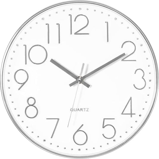 Foxtop 14 Inch Large Silver Wall Clock Silent Non-Ticking Battery Operated Round Quartz Modern Wall Clock Decorative for Living Room Bedroom Kitchen Home Office