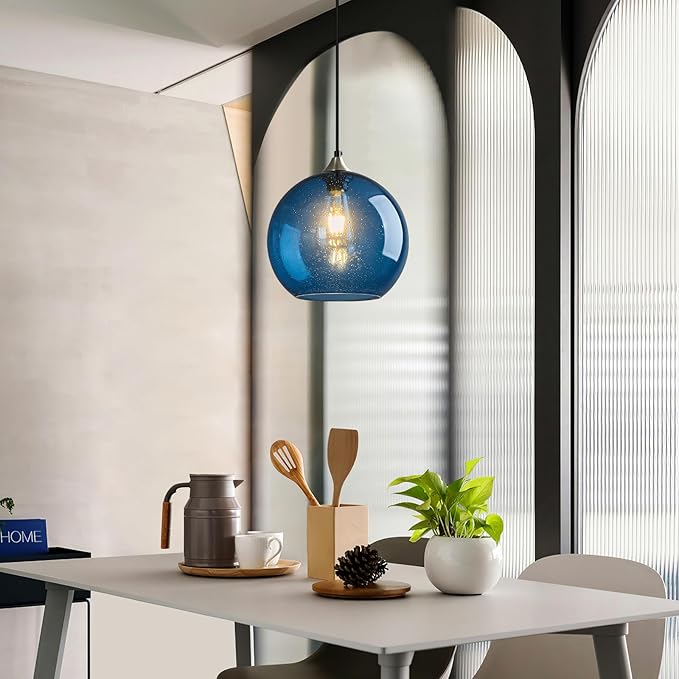 Blue Glass Pendant Lights Kitchen Island Lighting Globe Pendant Light Fixtures Modern Pendant Lighting for Kitchen Island Bedroom Living Dining Room Light Fixture(9.84in, 1-Pack)