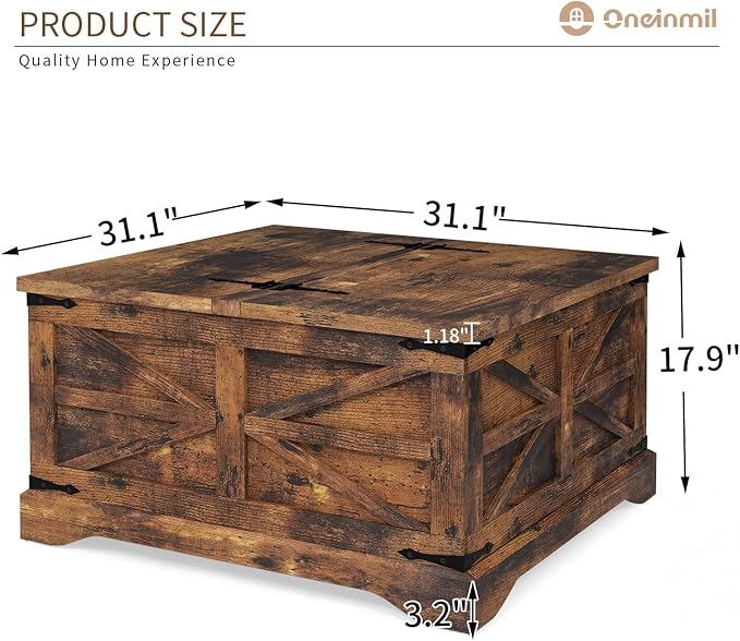 oneinmil Farmhouse Coffee Table with Storage Organizer, Square Coffee Tables with Large Storage Space, Center Table for Living Room, Bedroom, Home Office, Rustic Brown