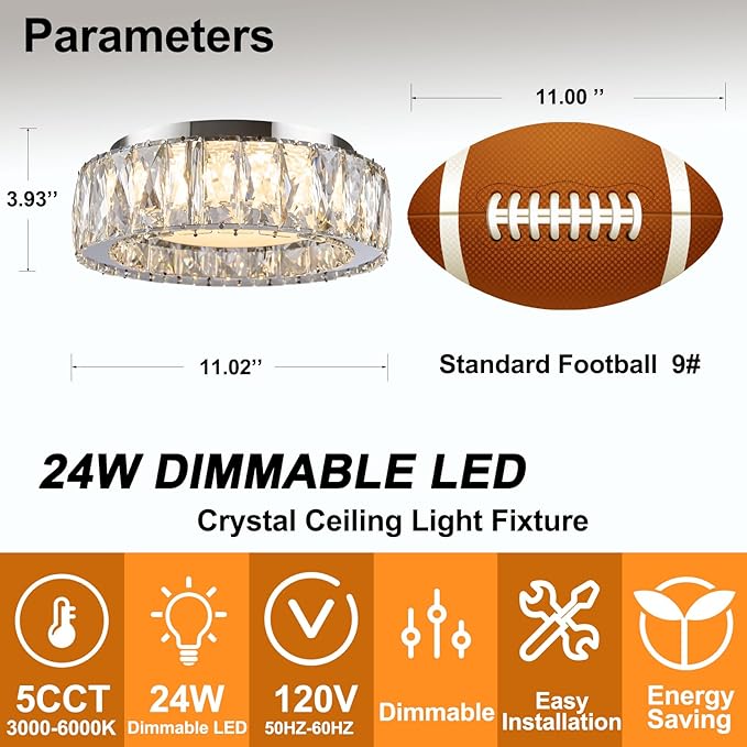 Dimmable Modern Luxury Crystal LED Flush Mount Ceiling Light,11 Inch 24W/5CCT 3000K-6000K Chrome Small Close to Ceiling Lighting Fixtures for Kitchen,Entryway,Laundry Room,Porch,Hallway