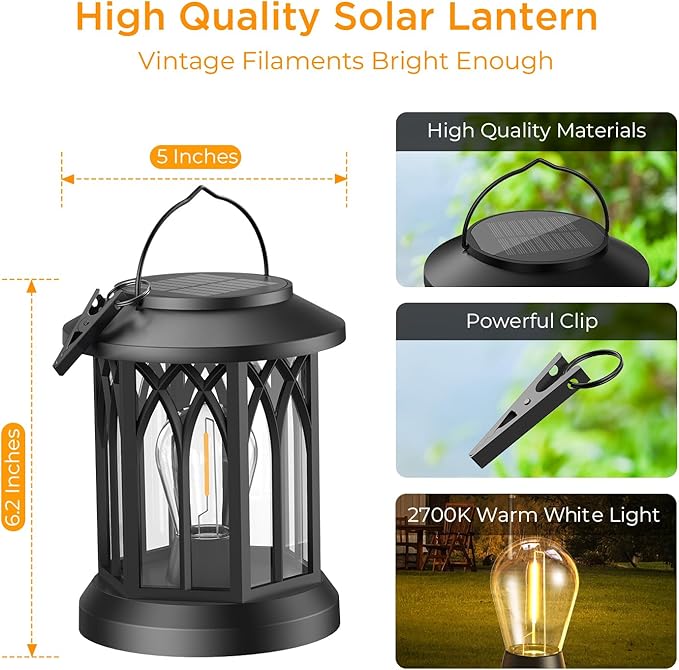 WdtPro Solar Lanterns Outdoor Waterproof, Upgraded Bright Hanging Solar Lights for Outside,Solar Powered Lanterns Lighting LED for Garden Patio Yard Decorative 2 Pack (Warm Light)