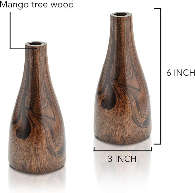 Aeravida Artistic Grain Pattern Natural Mango Tree Wood Flower Set of 2 Vase | Modern Farmhouse Home Décor | Kitchen Bedroom Living Room Home Decoration
