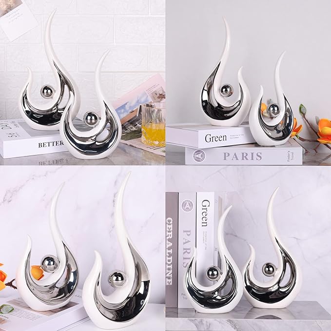 DOVDOV Abstract Ceramic Statues Set of 2, Silver and White Home Decor, Modern Classic Art Statues with Plated Gold Accents