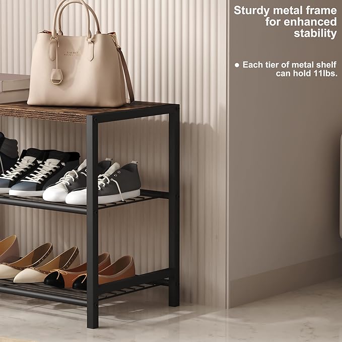 HOMEFORT 3-Tier Shoe Rack, Shoe Storage Shelf, Industrial Shoe Tower, Narrow Shoe Organizer for Closet Entryway, Small Shoe Rack Table with Durable Metal Shelves, Rustic Brown