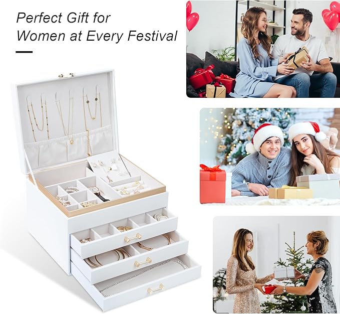 Jewelry Organizer Box, Women Jewelry Box White Jewelry Case 3-Layer with 3 Drawers, Jewelry Boxes for Women Jewelry Organizer, White