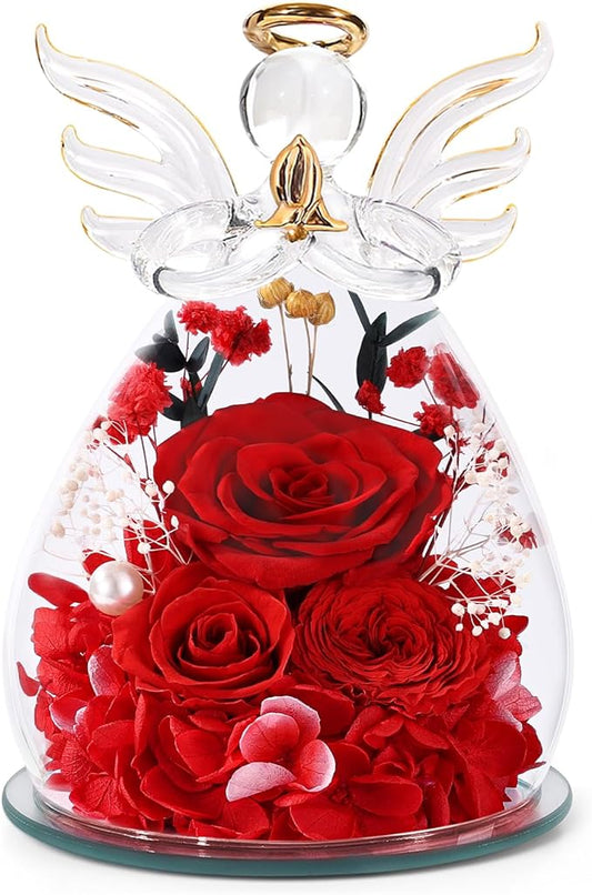 Birthday Gifts for Women Mom Preserved Roses in Glass Angel Figurines Fresh Flowers for Delivery Forever Flowers Eternal Rose Christmas for Grandma Sister Wife Her from Daughter