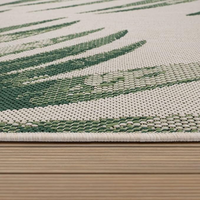 Outdoor Rug Beige Green with Floral Palm Leaf Design Waterproof, Size: 2' x 3'3"