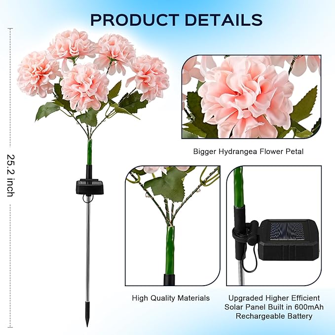 2 Pack Solar Garden Lights Outdoor, LED Colorful Waterproof Solar Powered Hydrangea Flowers Landscape Lights for Patio, Outside Yard, Pathway Decorative, Décor, Two Lighting Modes