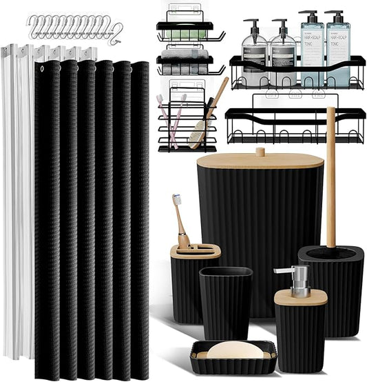Shower Caddy and Bathroom Accessories Set 25PC Bathroom Accessory Set with Shower Shelf Caddy for Bathroom Storage, Black Shower Curtain Set, Toilet Brush, Trash Can, Soap Dispenser, Toothbrush holder