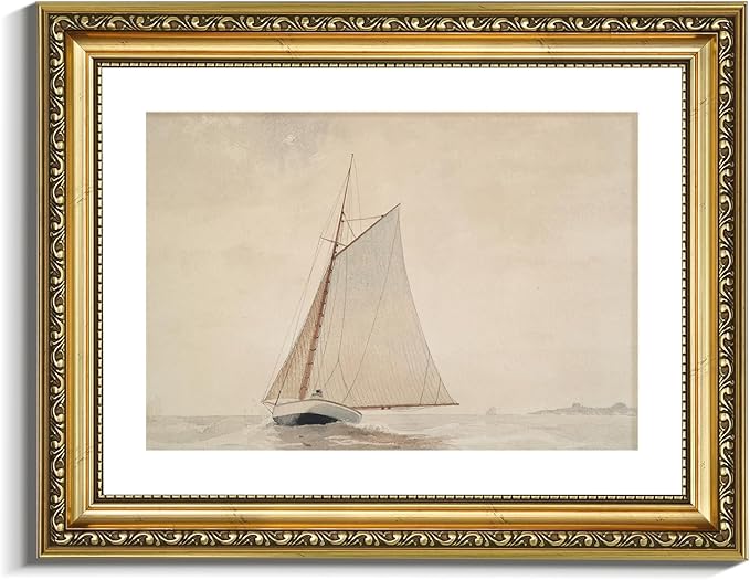 VIYYIEA Gold Framed Wall Art Canvas Print Home Decor for Living Room White Sailboat Seascape Watercolor Vintage Beach Painting on Canvas - Coastal Wall Art Prints for Bedroom Office Bathroom 11x14in