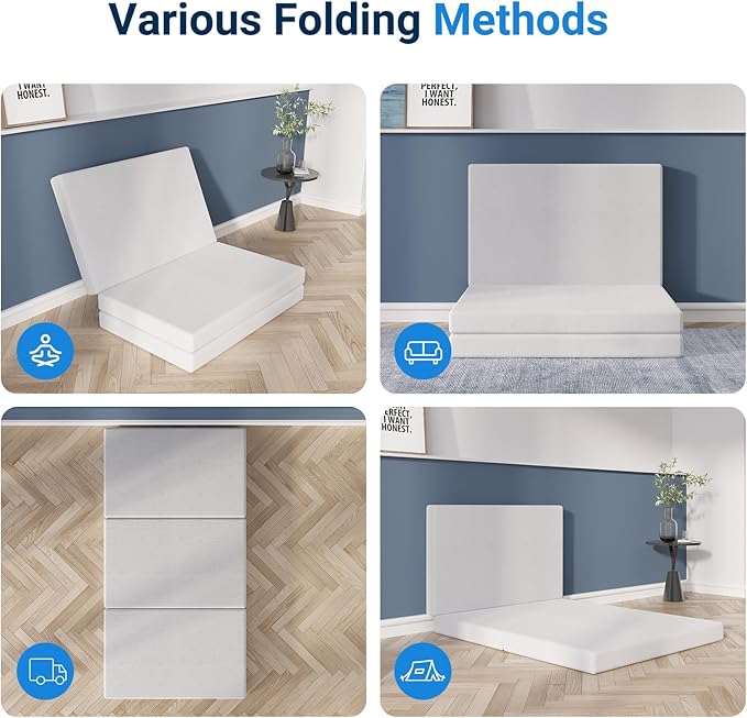 Avenco Tri-fold Mattress - 4 Inch Single Size Portable Floor Mattress with Breathable & Washable Cover | Foldable Memory Foam Topper for Guest Room,RV,Travel,Camping,White