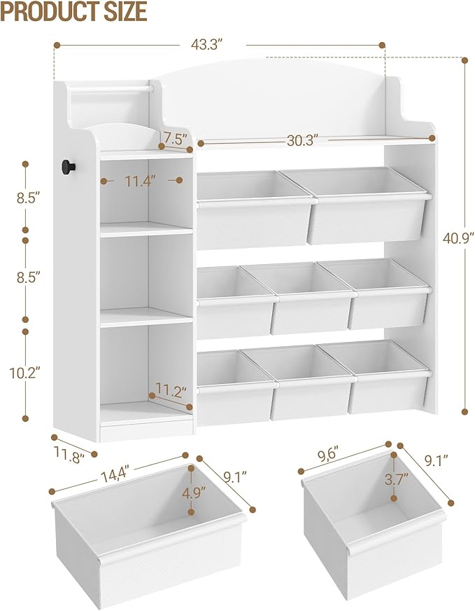 Toy Storage Organizer, Toy Shelf with 8 Storage Bins, Playroom Storage, Kids Bookshelf, 4-Tier Toddler Bookshelf for Children's Room, Bedroom, Living Room, Study Room, Nursery White KB42003W