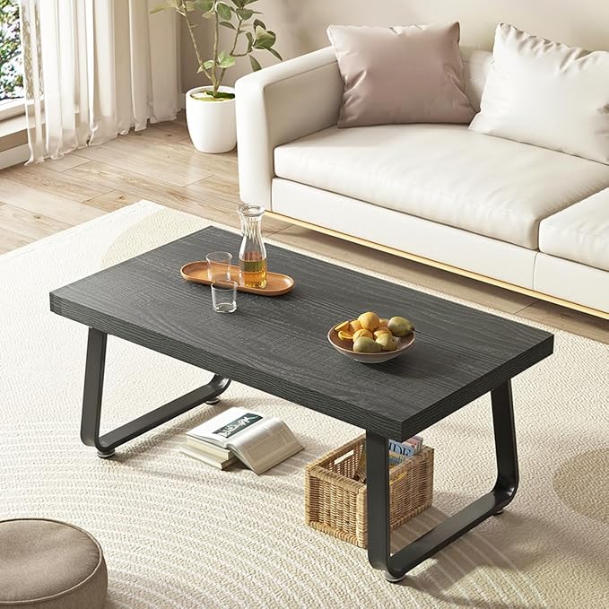 HSH Industrial Grey Coffee Table, Rustic Wood and Metal Living Room Table, Modern Minimalist Rectangle Oak Center Table, Farmhouse Cocktail Tea Table for Home Bedroom Kitchen, Dark Gray Oak, 39 Inch