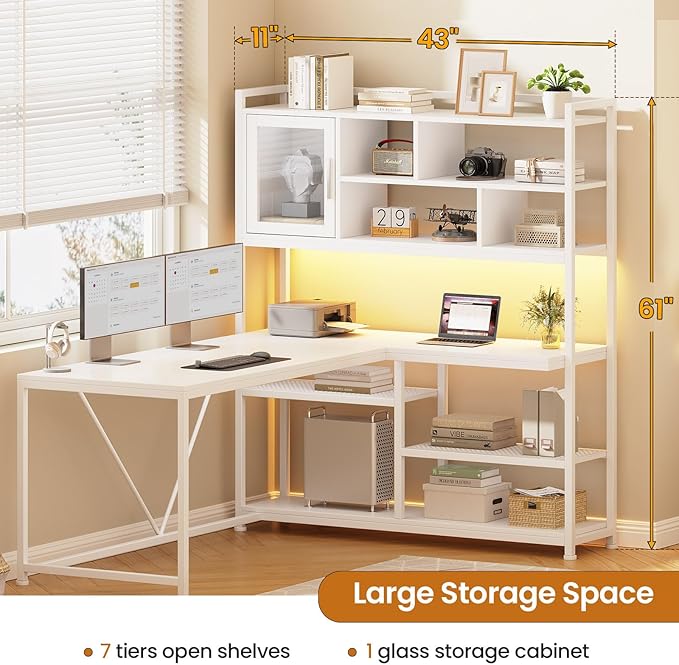 SEDETA L Shaped Computer Desk, 58'' Office Desk with LED Light and Bookshelf, L Shaped Corner Desk with Storage Shelves for Home Office, Gaming Desk, L Desk, White