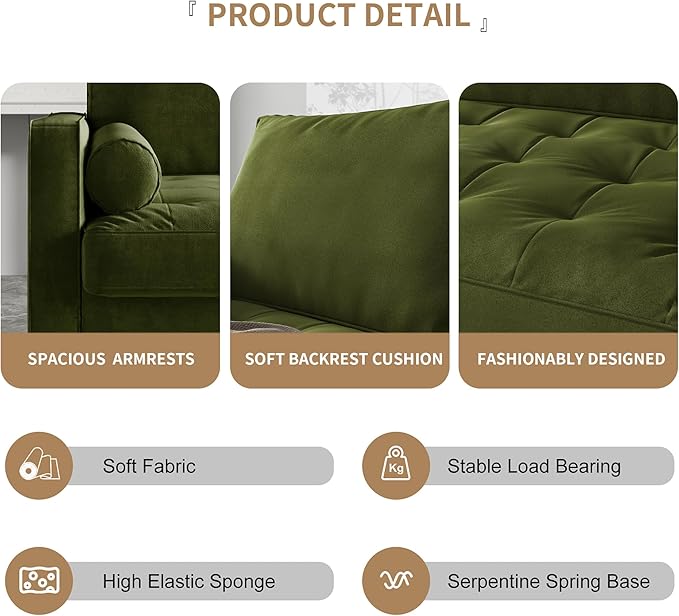 Modern Sofa,70 Inch Velvet Couch for Living Room,Spring Cushions,Solid Wood Frame,Easy Assembly for Small Spaces (Olive Green)
