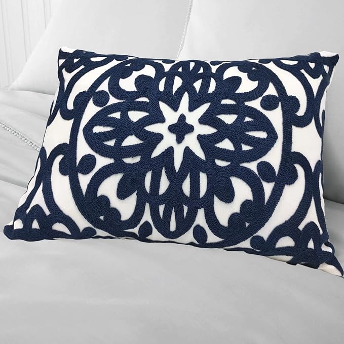 Alysheer Embroidered Lumbar Decorative Throw Pillow Cover 12"x 20", Classic Boho Mandala Embroidery Pattern Cotton Rectangular Cushion Case for Sofa Couch Living Room Bedroom(Navy Blue)