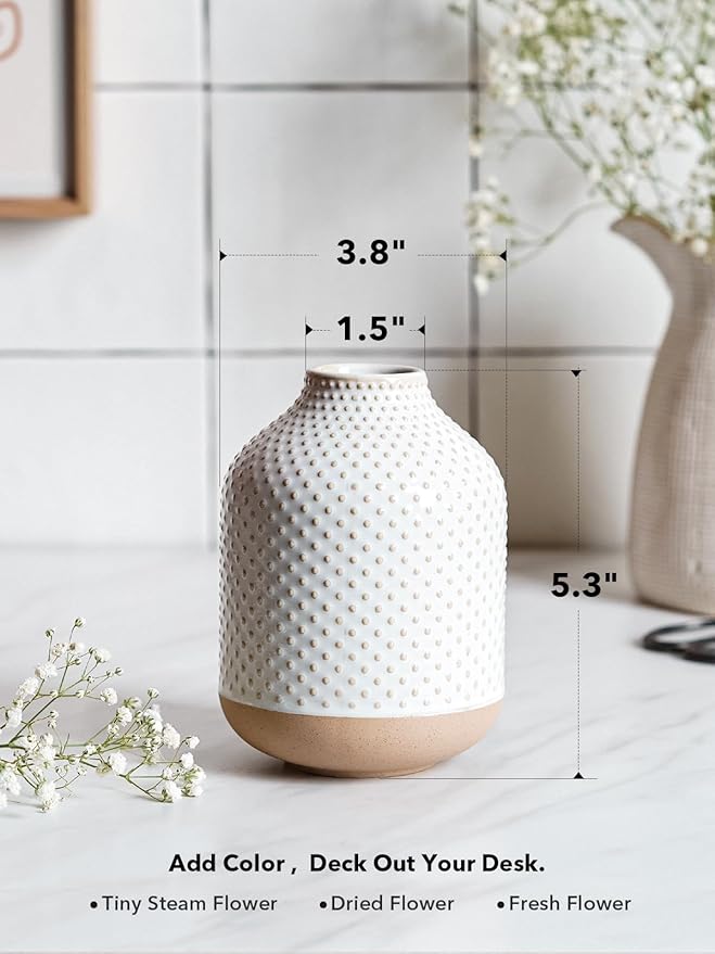 Boho Flower Vase - 5.3 Inch Ceramic White Vase for Pampas Grass, Eucalyptus & Bouquets, Small Home Decor Vases with Dot Embossment, Rustic Farmhouse Centerpiece