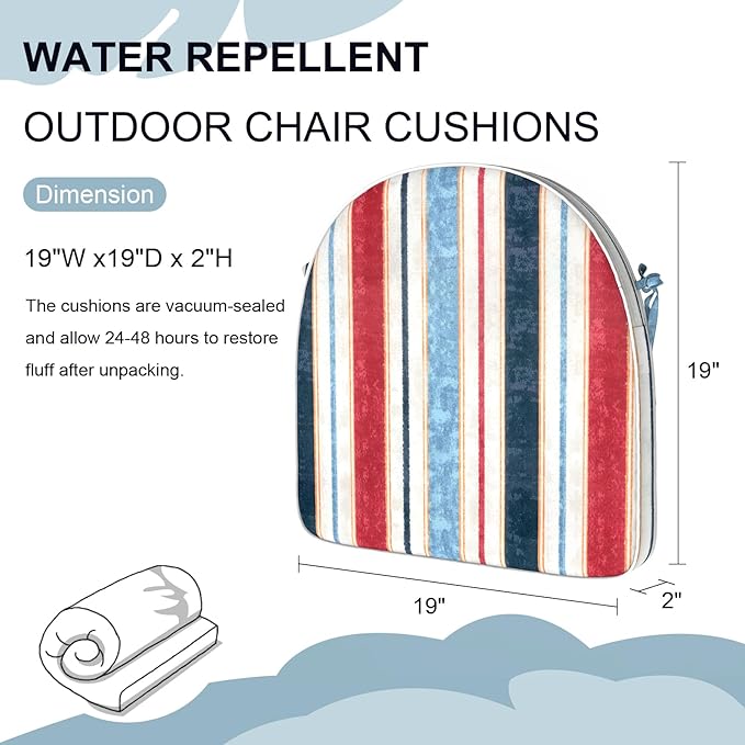 Set of 2 Outdoor Chair Cushions 19"x19"x2",Water Repellent Dining Seat Cushion with Ties and Removable Covers, Chair Cushions for Indoor and Patio Furniture, Stripe Red Blue