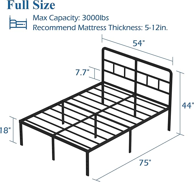 18 Inch Full Size Bed Frame with Headboard No Box Spring Needed, Heavy Duty Metal Platform with Steel Slat, Mattress Foundation, Easy Assembly, Noise Free, Black