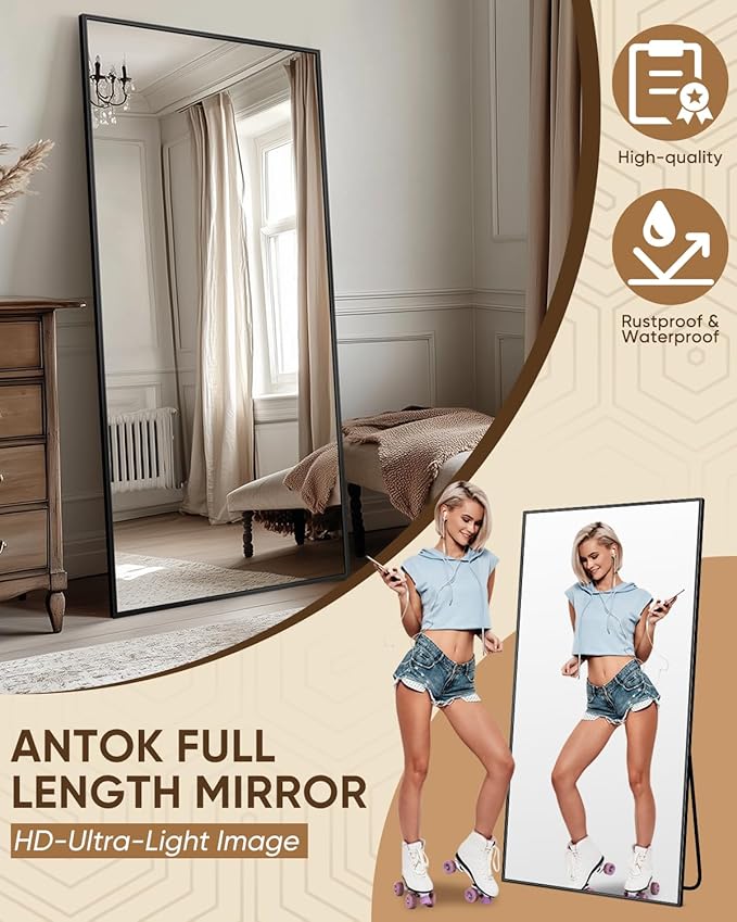 Antok Full Length Mirror, 58"x21" Floor Mirror with Stand, Hanging Mounted Mirrors for Bedroom, Living Room, Cloakroom, Dining Room, Black, Rect