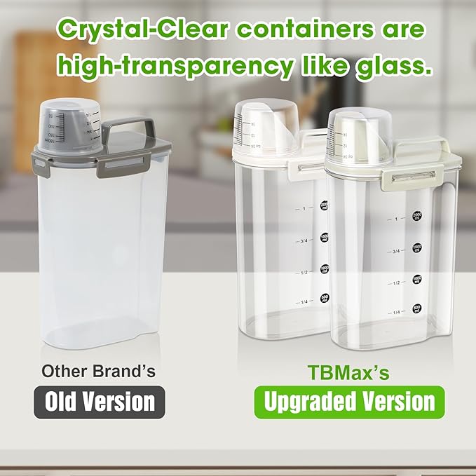 TBMax Rice Container Cereal Storage Container 2.64Qt, Upgraded Crystal-Clear PET Plastic Kitchen Pantry Food Storage Container with Cup & Off White Lid, Small Pet Dog Cat Food Container Dispenser