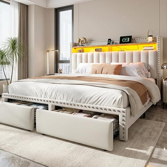 EnHomee Queen Bed Frame with 2 Storage Drawers, Upholstered Platform Bed with LED Lights and Charging Station, Sturdy Wooden Slats Support, No Box Spring Needed, Noise Free, Beige