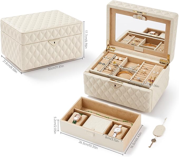VEE&CO. Jewelry Box,Diamond Quilted Leather jewelry organizer earring holder organizer necklace organizer 2-Layer Jewelry Case with Drawers, with Key Lock,gifts for women (beige, Medium)