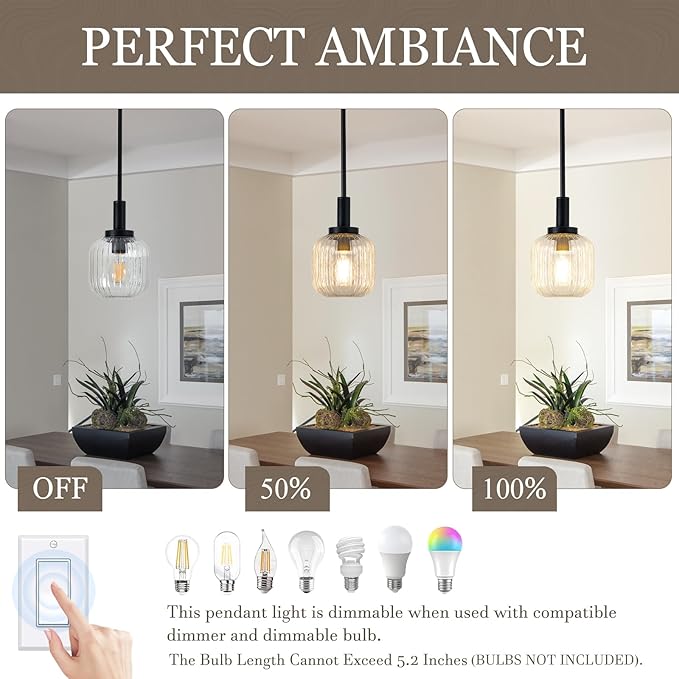 Glass Pendant Lights Kitchen Island 2 Pack, 5.9" Black Modern Pendant Light with Clear Glass and Rods, Mini Hanging Lighting for Kitchen Sink Bathroom Bedroom, OS-YQ7749-2PBK