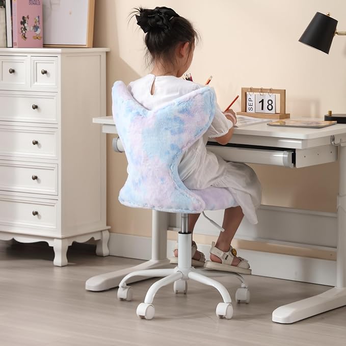 Fuzzy Desk Chair, Cute Swivel Children Desk Chair with Wheels for Kids Bedroom Upholstered Rolling Study Chair Adjustable Computer Chair Mermaid Back Vanity Chair for Teen Girls Boys, Blue Colorful