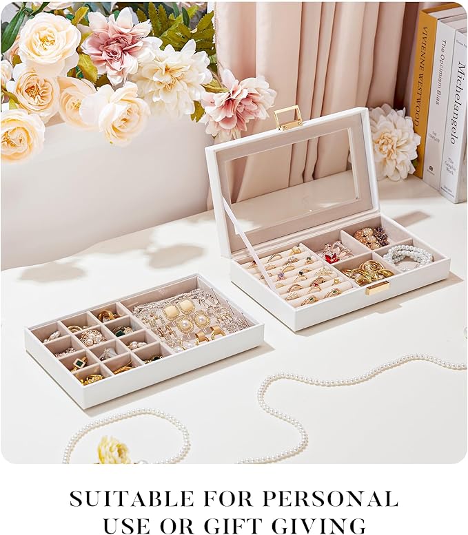 Homde Jewelry Tray Stackable Jewelry Box with Glass Lid, Removable Dividers for Vanity Table Gift Idea for Girls and Women (White)