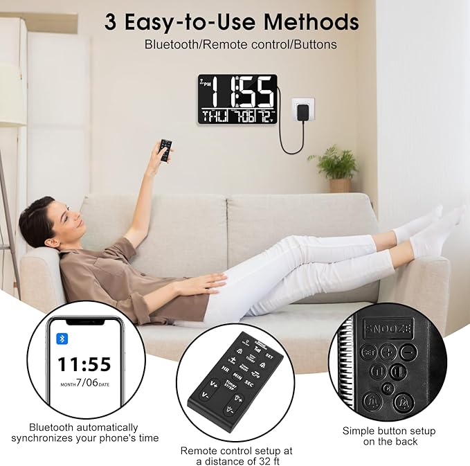 13" Bluetooth Auto Sync Wall Clock - Large Digital Alarm Clock with Remote, 25 Ringtones, Dual Alarm, Adjustable Brightness, 12/24H, Auto DST, for Living Room, Kitchen, Office, Elderly