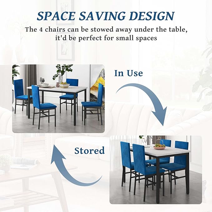 Dining Table Set for 4, 47.2" Faux Marble Kitchen Table Set with 4 Upholstered Velvet Chairs, Dinette Table Set for Dining Room, Kitchen, Breakfast Corner (Blue)