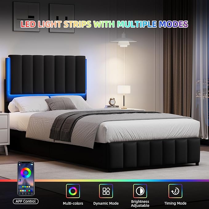 Twin Upholstered Bed Frame with LED Lights, Faux Leather Platform Bed with Headboard and Wooden Slats Support, No Box Spring Needed, Noise-Free, Easy Assembly, Black
