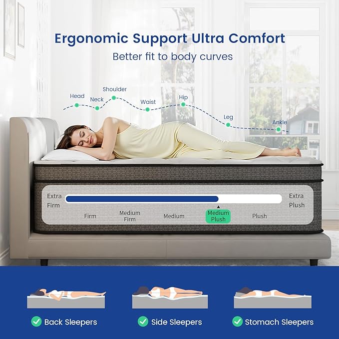 Queen Mattress, 10 Inch Medium Plush Hybrid Queen Size Mattresses in a Box, Individual Pocket Coil for Motion Isolation, Cooling and Breathable, CertiPUR-US