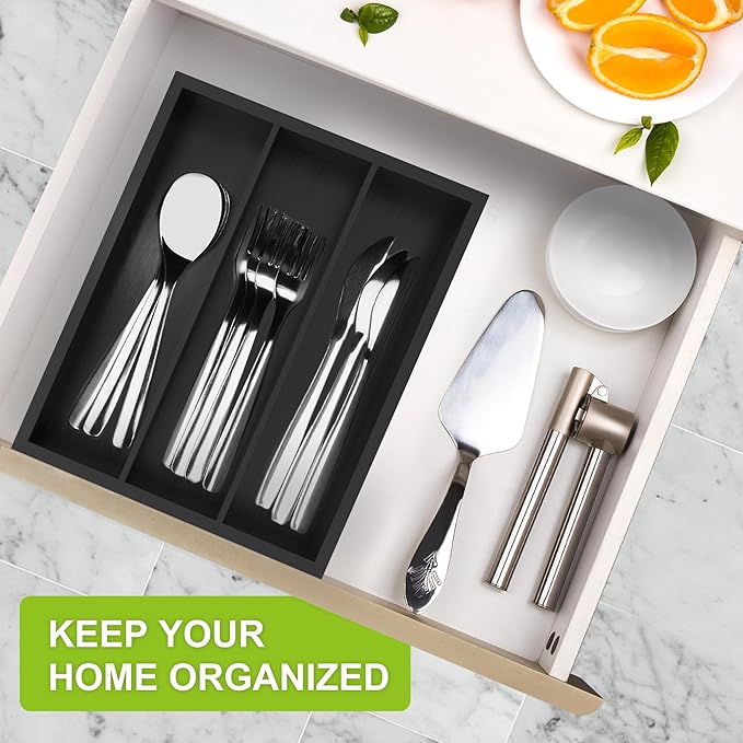 Bamboo Utensil Drawer Organizer, Silverware Tray Organizer, Kitchen Drawer Organizer for Flatware Cutlery (Black, 3 Slots)