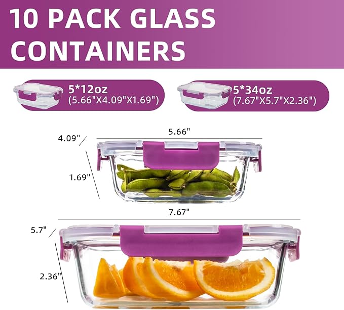 UMEIED 10 Pack Glass Food Storage Containers with Lids, Leakproof Airtight Glass Meal Prep Containers For Lunch, On The Go, Leftover, Dishwasher Safe