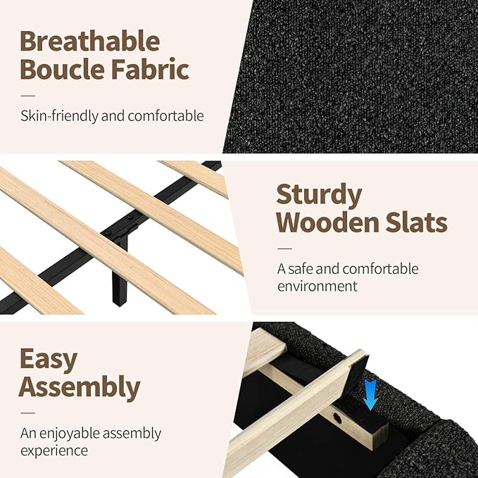 BarnFurin King Size Boucle Bed Frame and Headboard, Cloud Upholstered Platform Bed Frame, Soft Rounded Corners, Modern Style, No Box Spring Required, Easy Assembly, Black