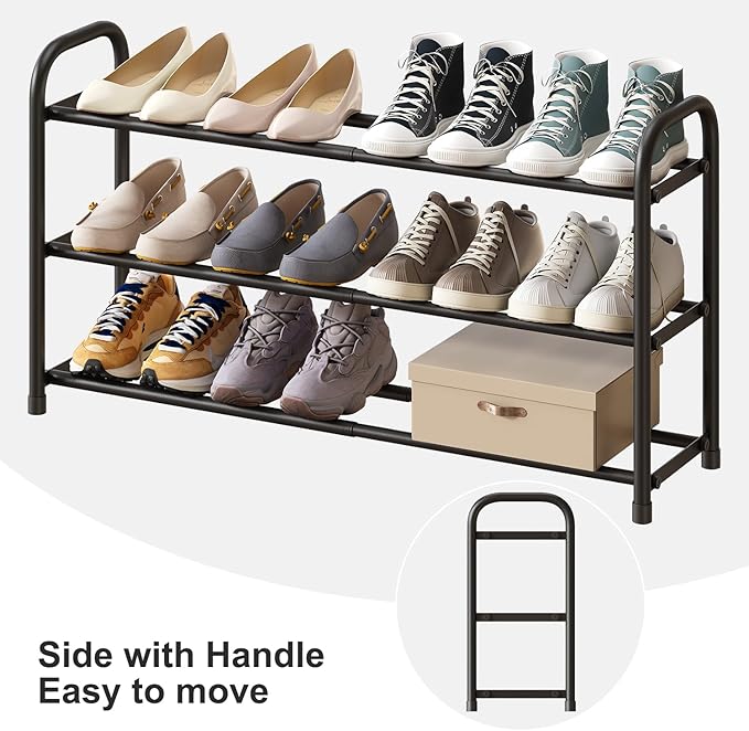 Shoe Rack for Closet, 3-Tier Expandable Shoe Organizer, Metal Adjustable Black Shoe Shelf Storage Organizer, Free Standing Shoe Rack for Entryway Closet Doorway