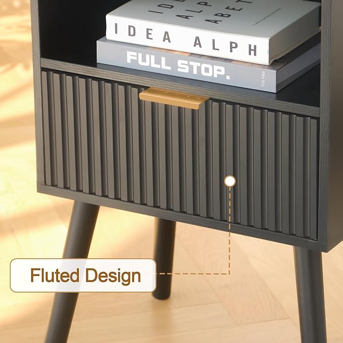 AWASEN Black Fluted Nightstand, Modern Bedside Table with Storage Drawers, Small Night Stand Bed Side Table with Solid Wood for Living Room, Bedroom, Office and Small Space (Black)