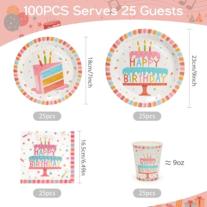 100pcs Birthday Party Plates Disposable Tableware Set Birthday Cake Pattern for 25 Guests Kid's Party Table Supplies（Include Plates, Cups and Napkins）