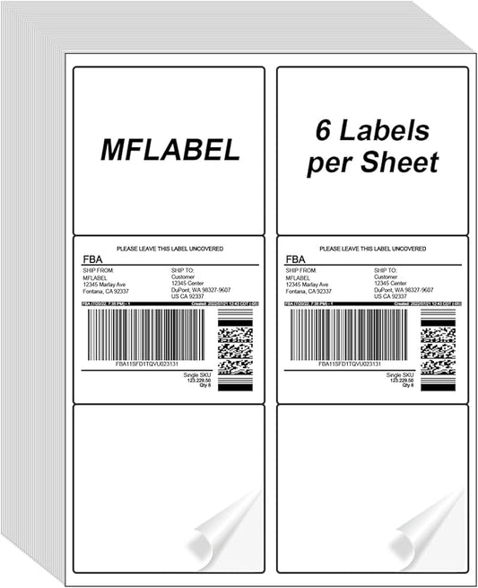 MFLABEL 3.33"x4" FBA Shipping Labels 6-UP - 500 Sheets (3000 Labels!) | Industrial Adhesive for Cardboard/Glass | Laser/Inkjet Certified + Free 48 Fragile Stickers