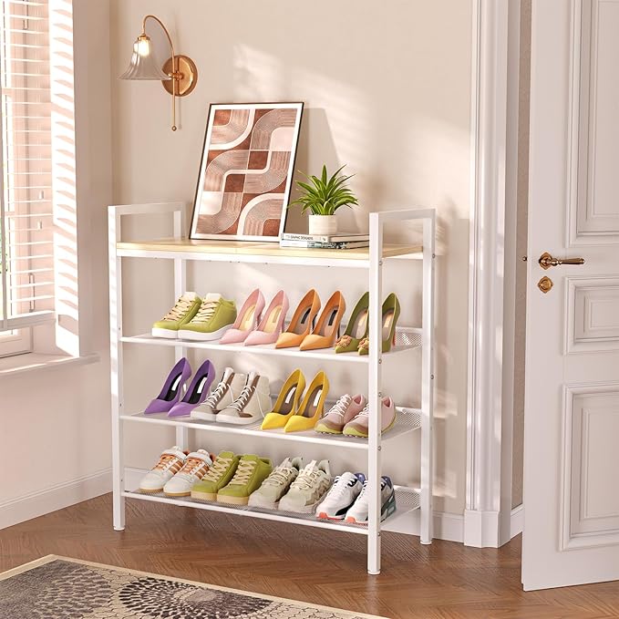 Shoe Rack for Front Door Entrance, 4 Tier Shoe Rack for Entryway, 12-16 Pairs of Shoes, Metal Shoe Racks Organizer, Free Standing Shoe Racks for Closet, Garage, Outdoor (White+Beige)