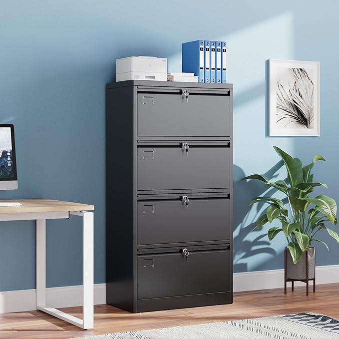 Metal 4 Drawer Lateral File Cabinet with 4 Lock - Wide Filing Cabinet for Letter/Legal/F4/A4 Hanging Files - Includes Business Card Holder,Home Office School Storage,Black