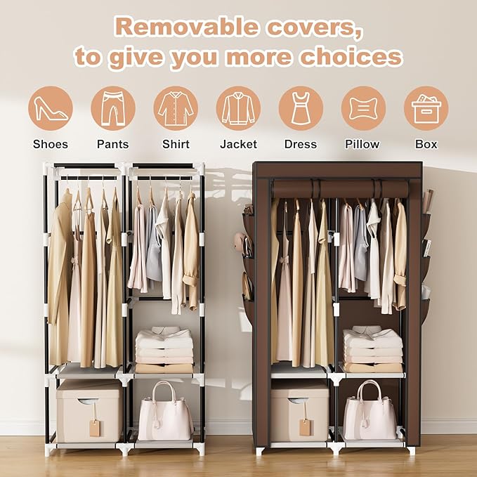 VTRIN Portable Closet Wardrobe for Hanging Clothes with 4 Storage Shelves, 2 Hanging Rods and 6 Pockets, Stable and Easy Assembly Clothes Rack with Cover Free Standing Closet, Brown