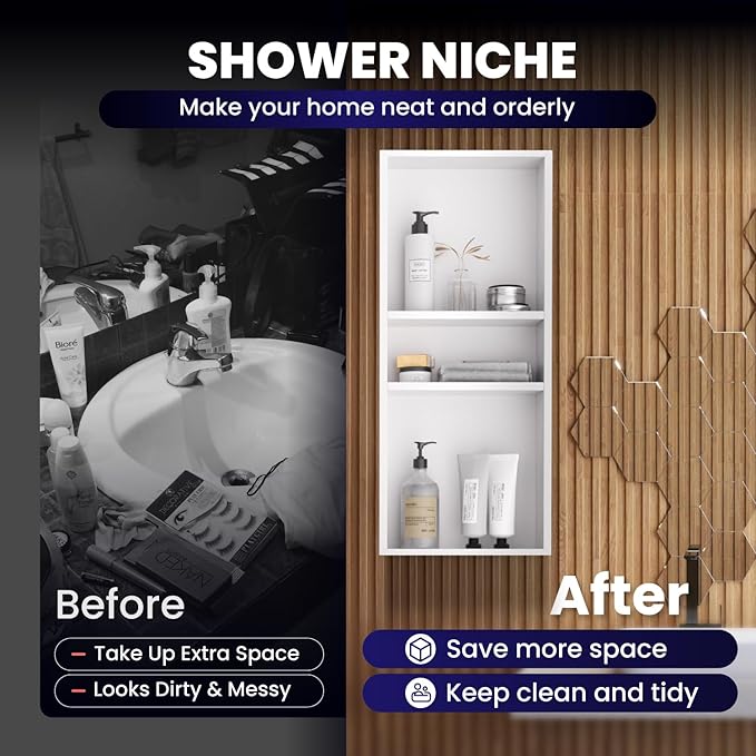 Stainless Steel Shower Niche 12" X 30"，3-Tier Recessed Wall Niche No Tile Needed Shower Shelf for Bathroom Storage (4x12x30 White)