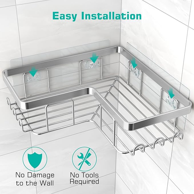 YASONIC Corner Shower Caddy, 3-Pack Adhesive Bathroom Caddy with Soap Holder and 12 Hooks, Rustproof Stainless Steel Shower Organizer, No Drilling Wall Mounted Shower Rack, Brushed Silver