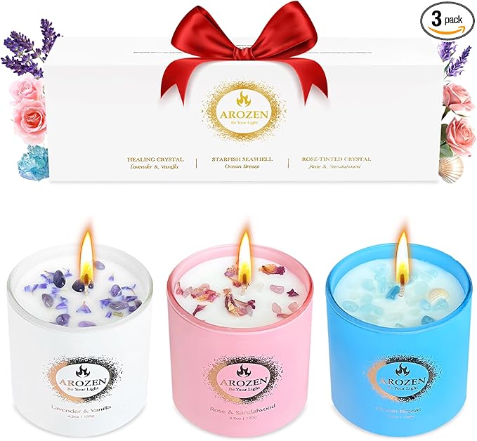 3 Pack Scented Candles Gift Set for Women, Birthday Gifts for Women, Valentines Day for her, Mothers Day Gifts, Candles for Home Scented of Lavender, Ocean Breeze & Rose Sandalwood