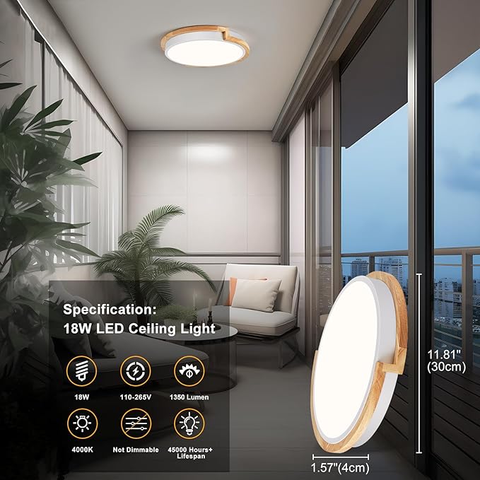 Modern LED Close to Ceiling Light, Round Shape Flush Mount Ceiling Lighting Fixture, Matte White with Wood Accent, Minimalist Kitchen Light Fixtures for Bedroom, Entryway, Laundry Room, 11.8in